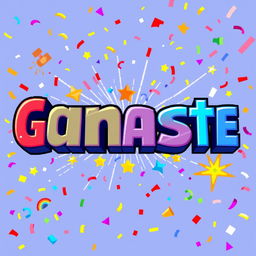 A colorful pixel art background featuring the big bold text "Ganaste" prominently displayed in a fun, playful font