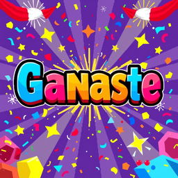 A colorful pixel art background featuring the big bold text "Ganaste" prominently displayed in a fun, playful font