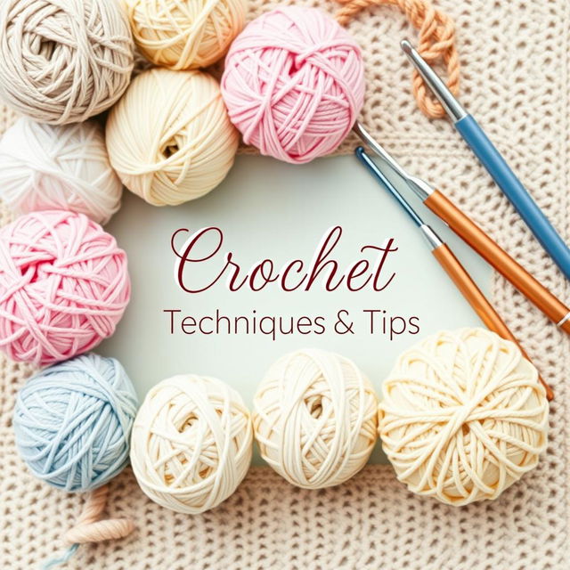 A beautifully designed ebook cover for 'Crochet Techniques & Tips,' featuring a cozy and inviting theme