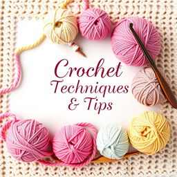 A beautifully designed ebook cover for 'Crochet Techniques & Tips,' featuring a cozy and inviting theme