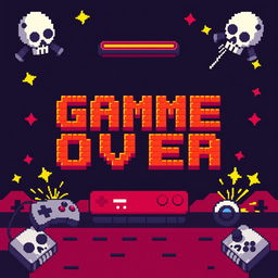 A colorful pixel art background featuring the bold text "Game Over" prominently displayed in a retro gaming style