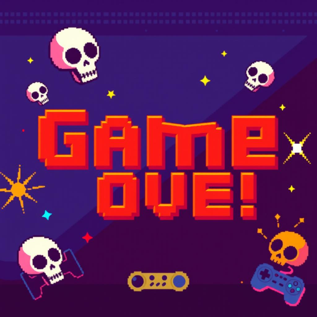 A colorful pixel art background featuring the bold text "Game Over" prominently displayed in a retro gaming style