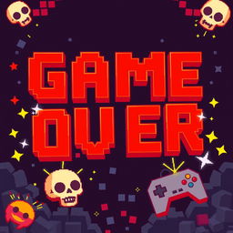 A colorful pixel art background featuring the bold text "Game Over" prominently displayed in a retro gaming style