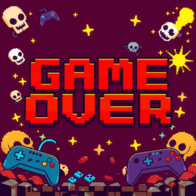 A colorful pixel art background featuring the bold text "Game Over" prominently displayed in a retro gaming style