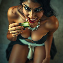 An enticing top view of a sexy Indian maid looking up into the camera, showcasing her bare chest adorned with a beautiful necklace that sparkles