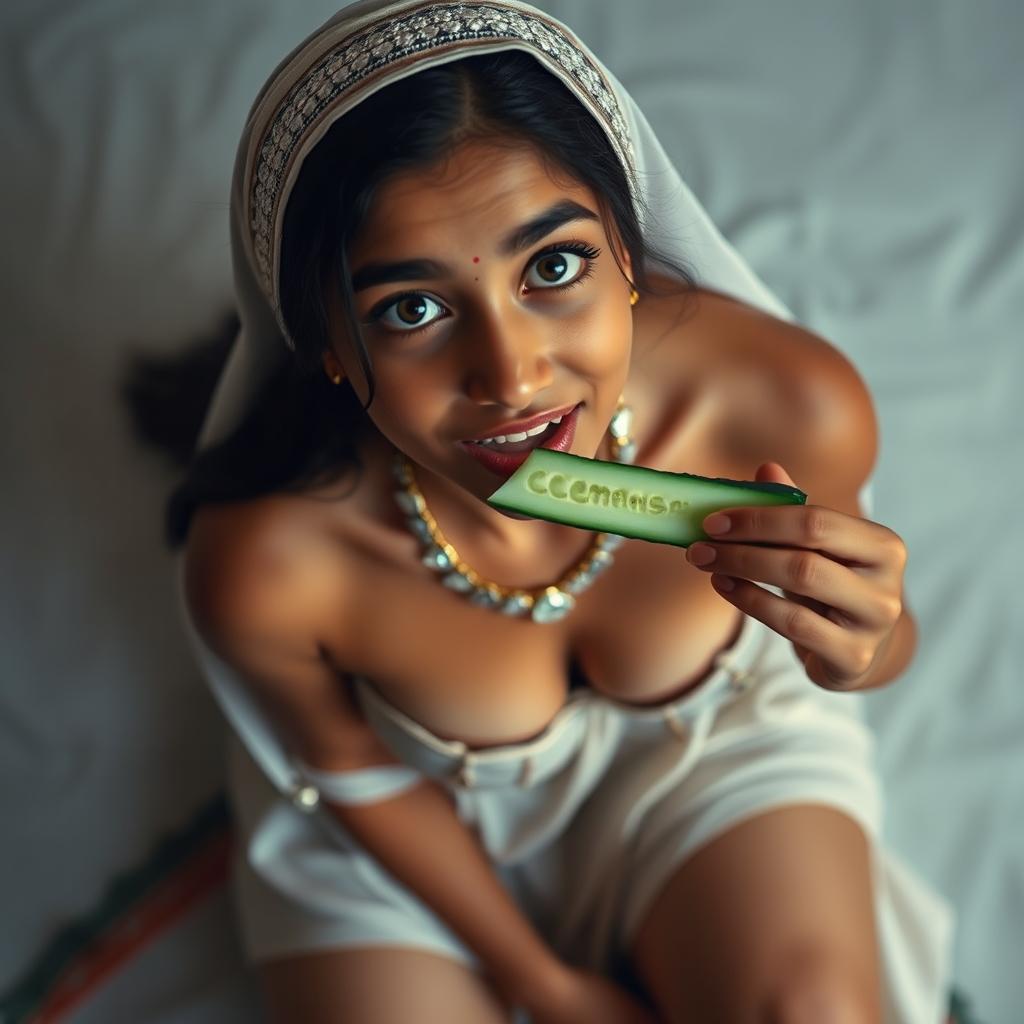 A shy Indian maid captured from a top view, looking up at the camera with a hint of coyness