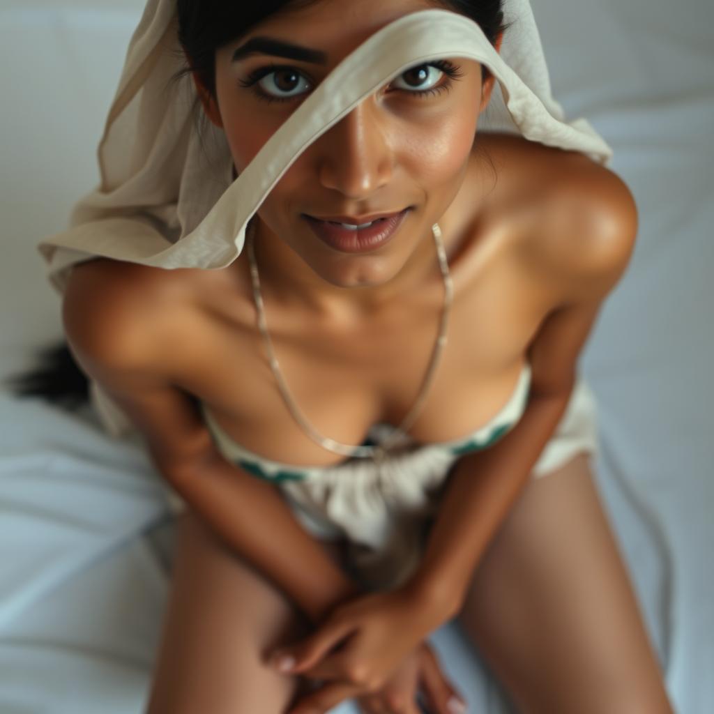 A shy Indian maid captured from a top view, looking up at the camera with a hint of shyness in her expression