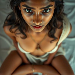 A shy Indian maid captured from a top view, looking up at the camera with a hint of shyness in her expression