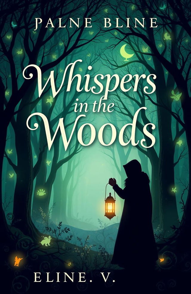 A captivating novel cover design, featuring a mystical forest with enchanted trees and glowing whimsical creatures