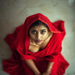 A shy Indian maid draped in a vibrant red saree, captured from a top view, looking up at the camera with a mix of innocence and allure