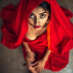 A shy Indian maid draped in a vibrant red saree, captured from a top view, looking up at the camera with a mix of innocence and allure