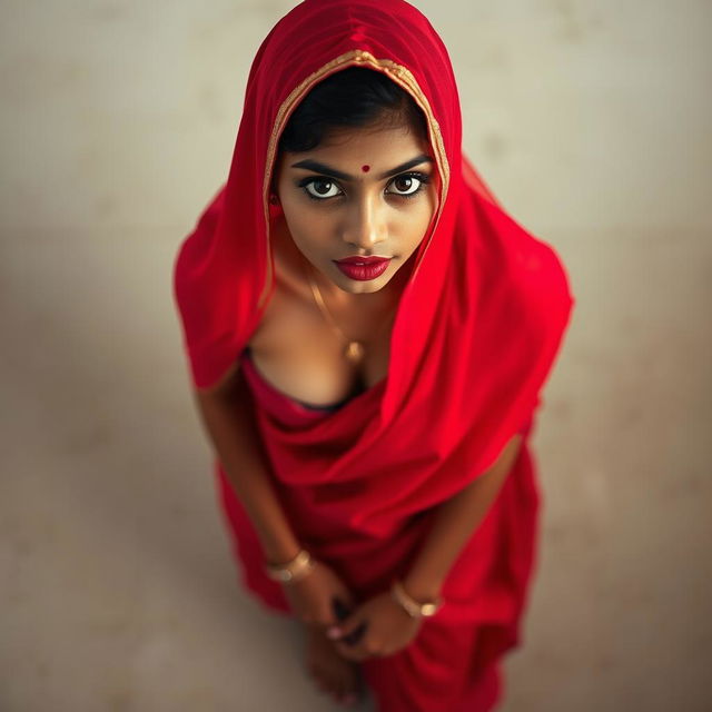 A shy Indian maid draped in a vibrant red saree, captured from a top view, looking up at the camera with a mix of innocence and allure