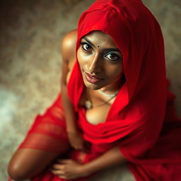 A shy Indian maid draped in a vibrant red saree, captured from a top view, looking up at the camera with a mix of innocence and allure