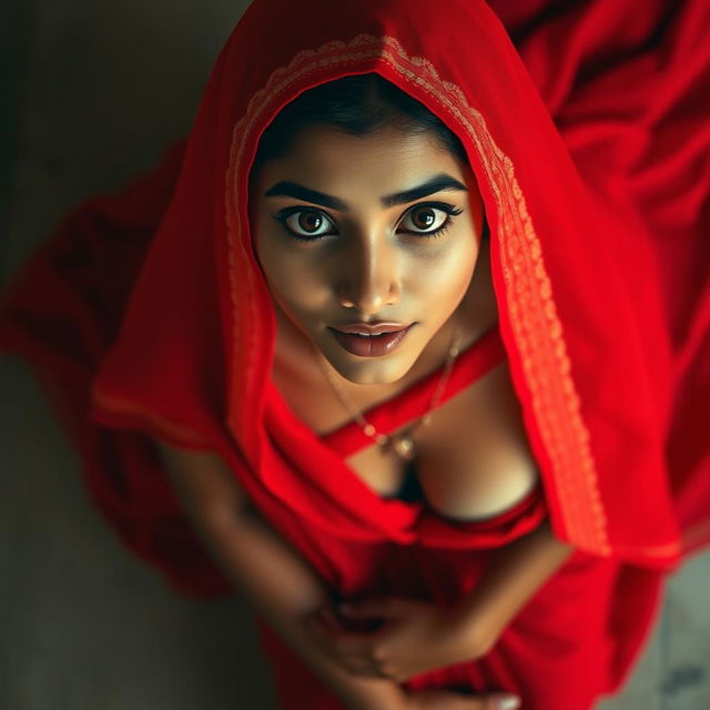 A shy Indian maid draped in a vibrant red saree, captured from a top view, gazing up at the camera with a blend of innocence and allure