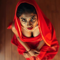 A shy Indian maid draped in a vibrant red saree, captured from a top view, gazing up at the camera with a blend of innocence and allure