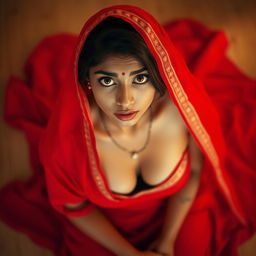 A shy Indian maid draped in a vibrant red saree, captured from a top view, gazing up at the camera with a blend of innocence and allure