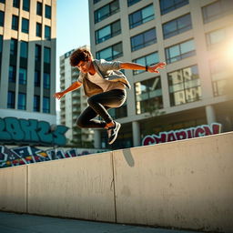 A dynamic scene depicting a nimble and agile person performing parkour in an urban environment