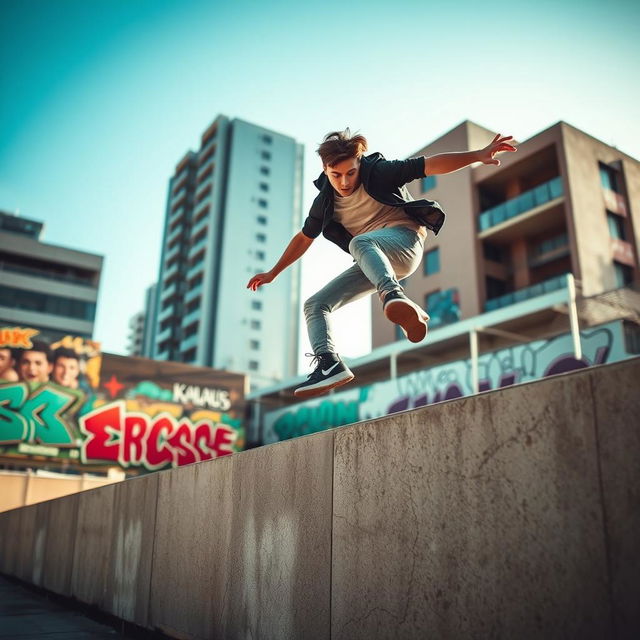 A dynamic scene depicting a nimble and agile person performing parkour in an urban environment