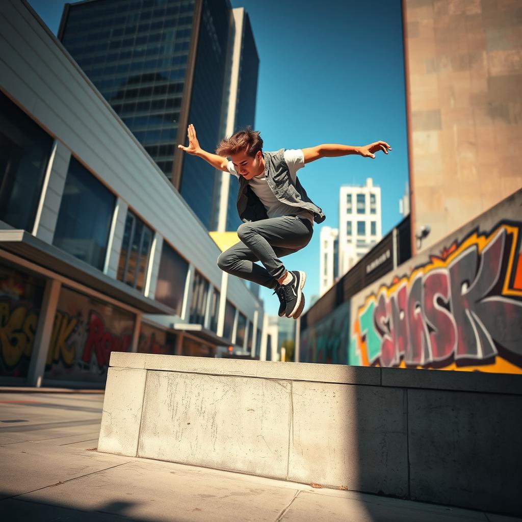 A dynamic scene depicting a nimble and agile person performing parkour in an urban environment