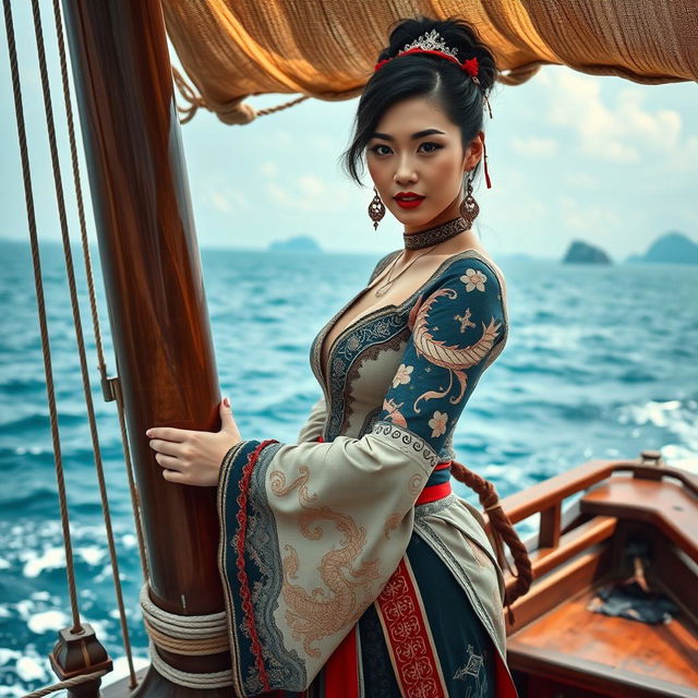 A beautiful and sexy Chinese female pirate wearing traditional Chinese clothing with intricate designs