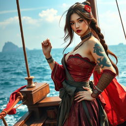 A beautiful and sexy Chinese female pirate wearing traditional Chinese clothing with intricate designs
