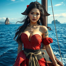 A beautiful and sexy Chinese female pirate wearing traditional Chinese clothing with intricate designs