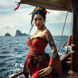 A beautiful and sexy Chinese female pirate wearing traditional Chinese clothing with intricate designs