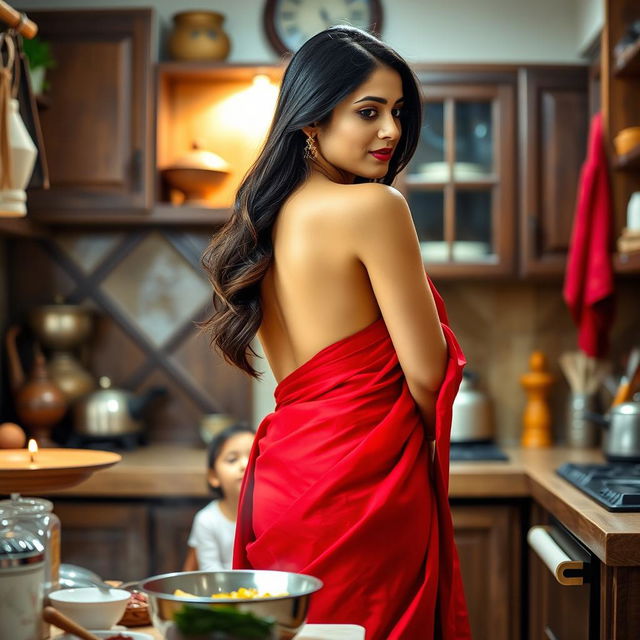 A beautiful Indian brunette maid in a vibrant red saree paired with a stylish black short blouse, gracefully cooking food in a cozy kitchen