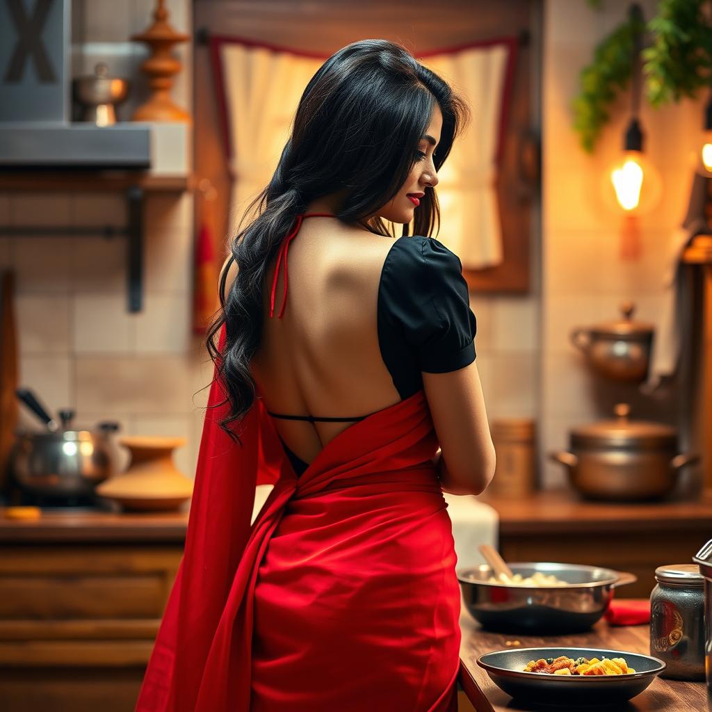 A beautiful Indian brunette maid in a vibrant red saree paired with a stylish black short blouse, gracefully cooking food in a cozy kitchen