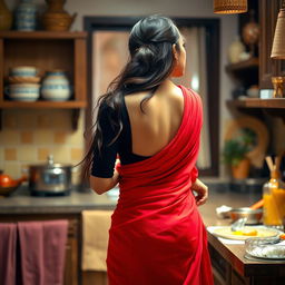A beautiful Indian brunette maid in a vibrant red saree paired with a stylish black short blouse, gracefully cooking food in a cozy kitchen