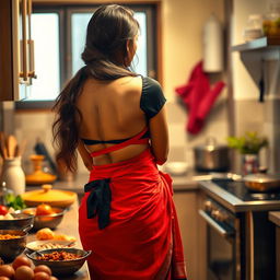 A beautiful 30-year-old Indian brunette maid, elegantly dressed in a vibrant red saree and a chic black short blouse, is depicted cooking delicious food in a cozy kitchen