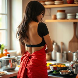 A beautiful 30-year-old Indian brunette maid, elegantly dressed in a vibrant red saree and a chic black short blouse, is depicted cooking delicious food in a cozy kitchen