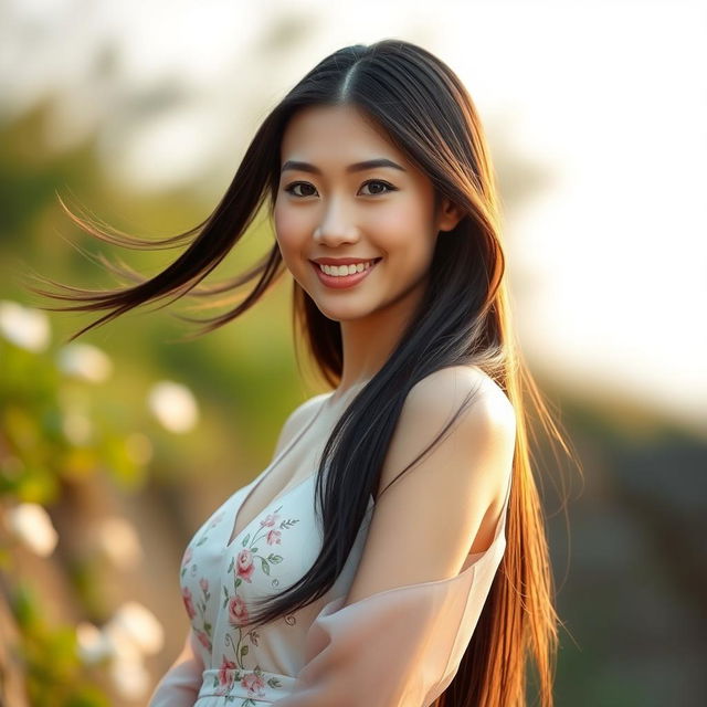 A tall, slender, beautiful Asian woman with fair skin, standing gracefully against a soft, blurred natural background