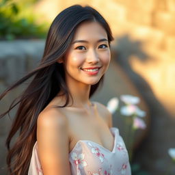 A tall, slender, beautiful Asian woman with fair skin, standing gracefully against a soft, blurred natural background