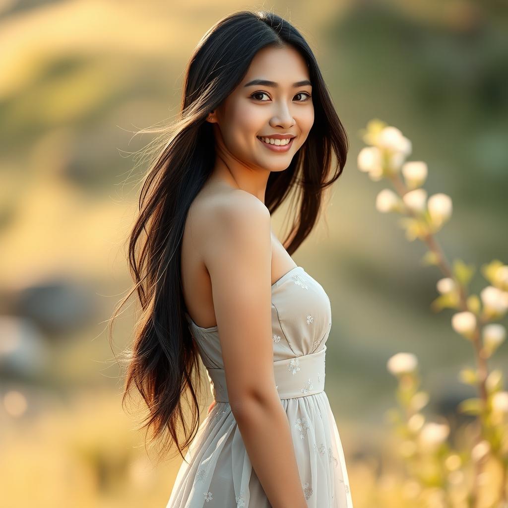 A tall, slender, beautiful Asian woman with fair skin, standing gracefully against a soft, blurred natural background