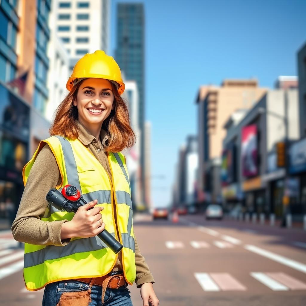 A 35-year-old woman with a friendly smile stands on a vibrant city street