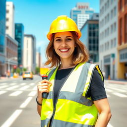 A 35-year-old woman with a friendly smile stands on a vibrant city street