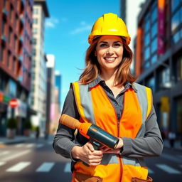 A 35-year-old woman with a friendly smile stands on a vibrant city street