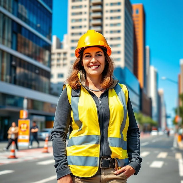 A 35-year-old woman with a friendly smile stands on a vibrant city street