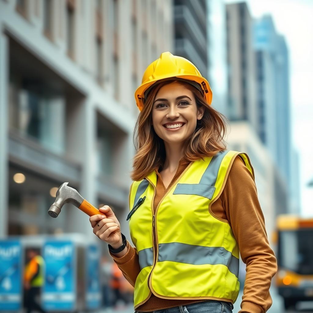 A 35-year-old woman with a bright smile stands on a bustling city street