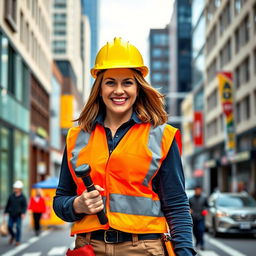 A 35-year-old woman with a bright smile stands on a bustling city street