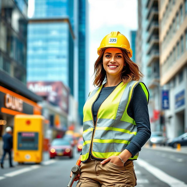A 35-year-old woman with a bright smile stands on a bustling city street