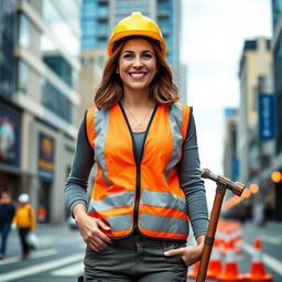 A 35-year-old woman with a bright smile stands on a bustling city street