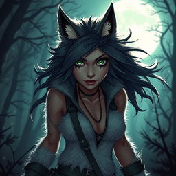A striking 21-year-old female werewolf with vibrant green eyes, radiating confidence as she roams the night with a fearless demeanor