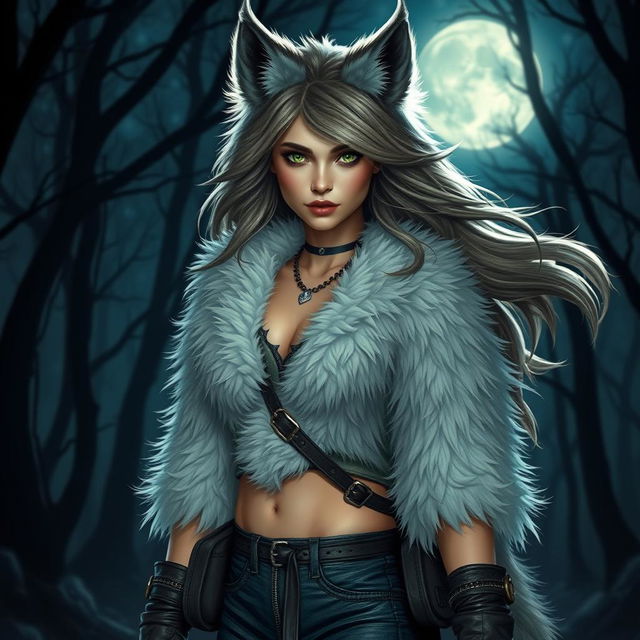 A striking 21-year-old female werewolf with vibrant green eyes, radiating confidence as she roams the night with a fearless demeanor