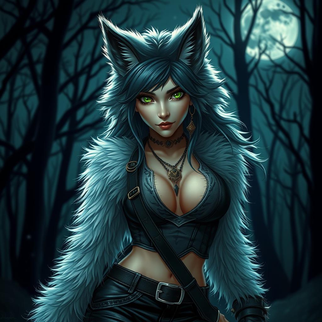 A striking 21-year-old female werewolf with vibrant green eyes, radiating confidence as she roams the night with a fearless demeanor