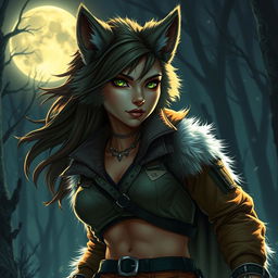 A striking 21-year-old female werewolf with vibrant green eyes, radiating confidence as she roams the night with a fearless demeanor