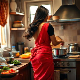 A beautiful 30-year-old Indian brunette maid, dressed elegantly in a vibrant red saree and a chic black short blouse, is captured cooking delicious food in a cozy kitchen