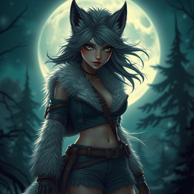 A stunning 21-year-old female werewolf with striking green eyes, embodying fearlessness as she explores the night