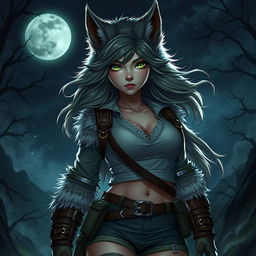 A stunning 21-year-old female werewolf with striking green eyes, embodying fearlessness as she explores the night